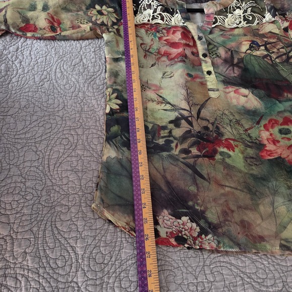 Womens XS S Blouse Semi Sheer Tunic Embroidered Boho Artsy Abstract Watercolor - Picture 7 of 7
